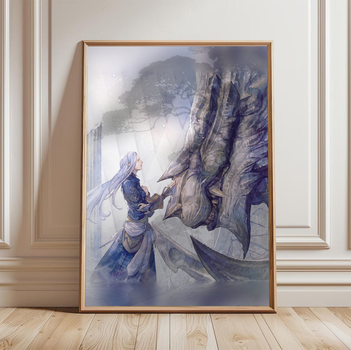 Final Fantasy XIV Heavensward Vinyl LP Art poster in a light oak frame leaning against a white wall (vertical)