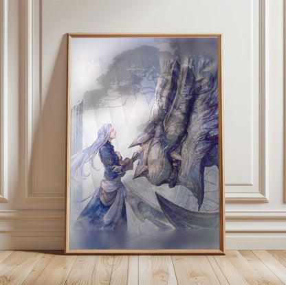 Final Fantasy XIV Heavensward Vinyl LP Art poster in a light oak frame leaning against a white wall (vertical)