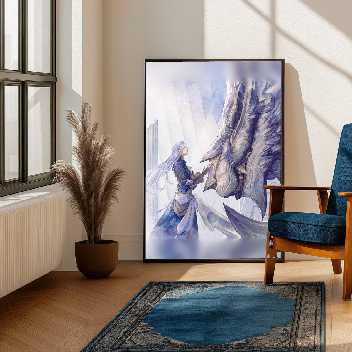 Final Fantasy XIV Heavensward Vinyl LP Art poster framed beside a blue armchair in a sunlit room (vertical)