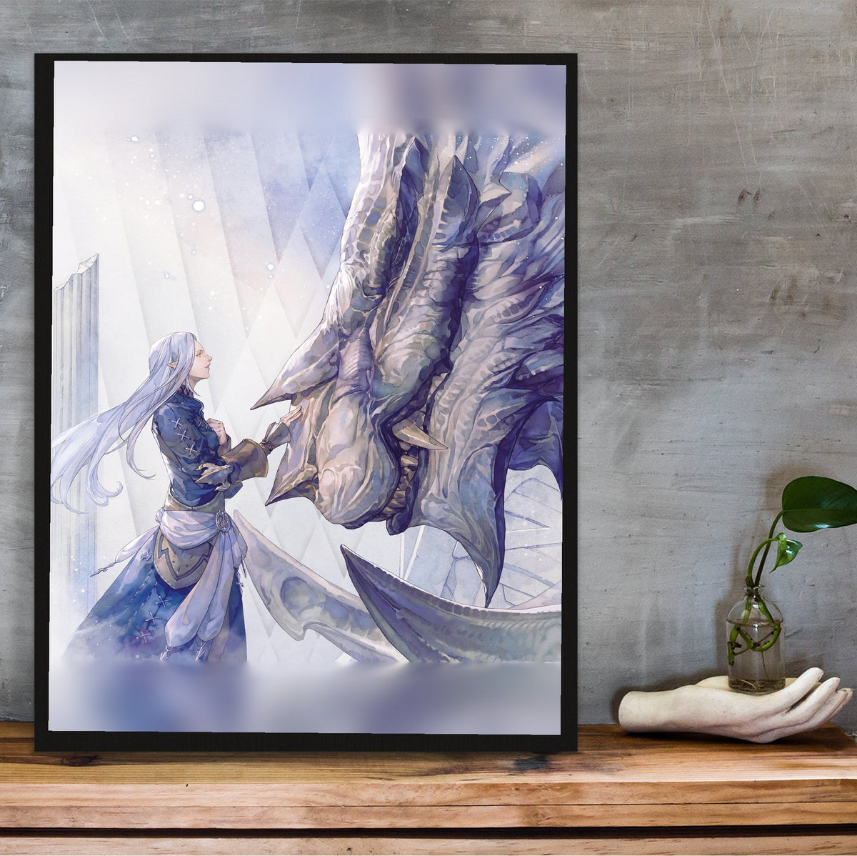 Final Fantasy XIV Heavensward Vinyl LP Art poster in a black frame on a wooden shelf against concrete (vertical)