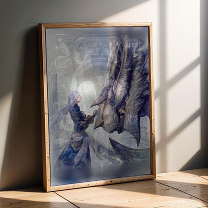 Final Fantasy XIV Heavensward Vinyl LP Art poster in an oak frame leaning on a wooden floor (vertical)
