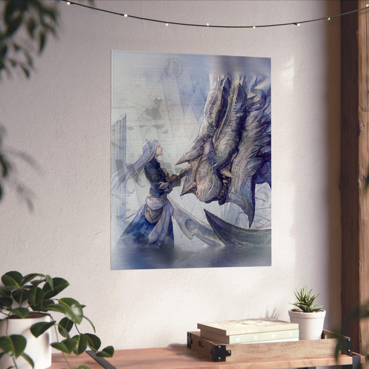 Final Fantasy XIV Heavensward Vinyl LP Art poster unframed on a white wall above a desk (vertical)