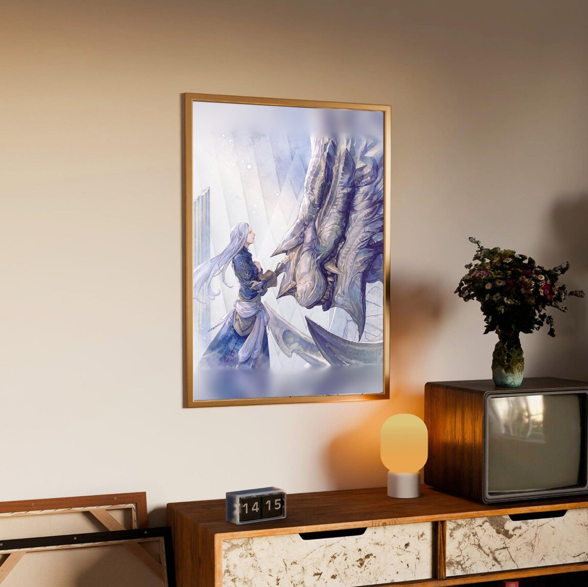 Final Fantasy XIV Heavensward Vinyl LP Art poster in an oak frame above a sideboard (vertical)