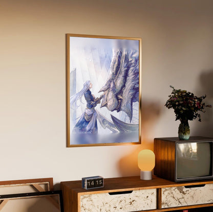 Final Fantasy XIV Heavensward Vinyl LP Art poster in an oak frame above a sideboard (vertical)