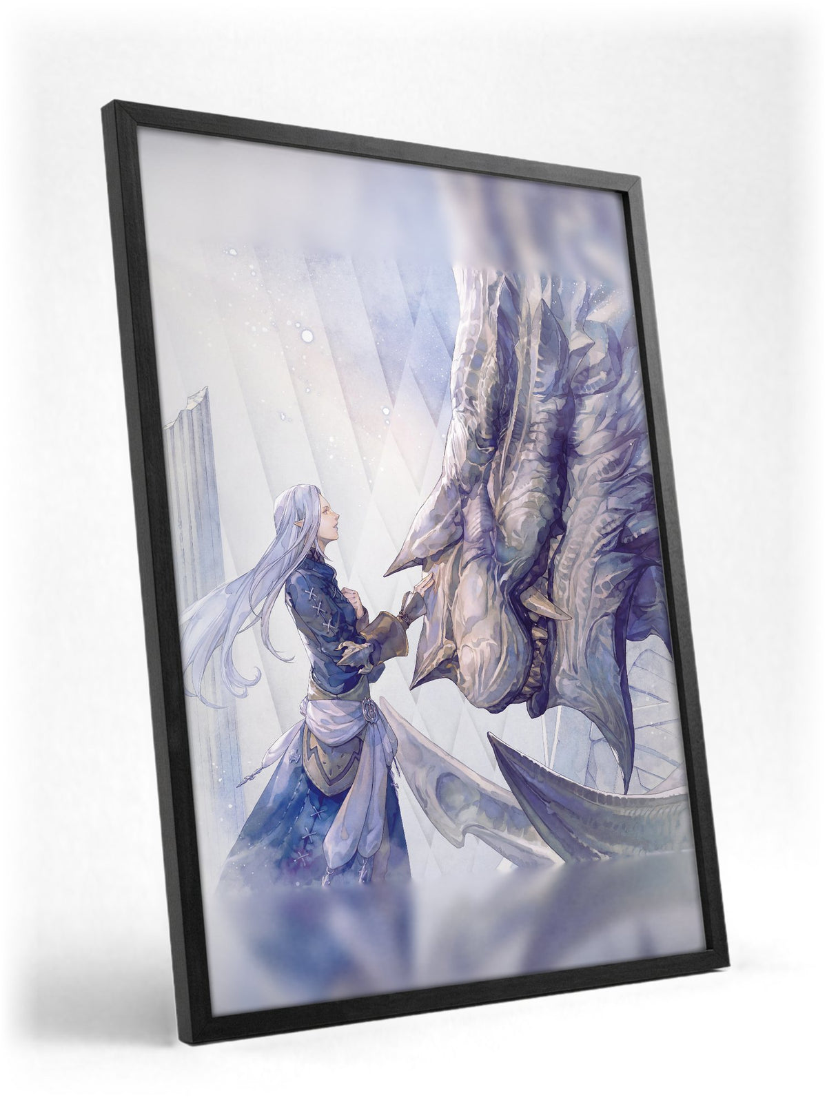 Final Fantasy XIV Heavensward Vinyl LP Art poster in a black frame with glass leaning against a wall (vertical)