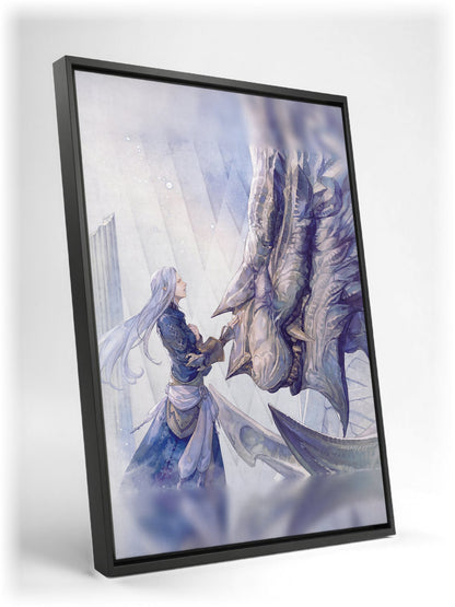 Final Fantasy XIV Heavensward Vinyl LP Art as a black floater framed canvas leaning against a wall (vertical)