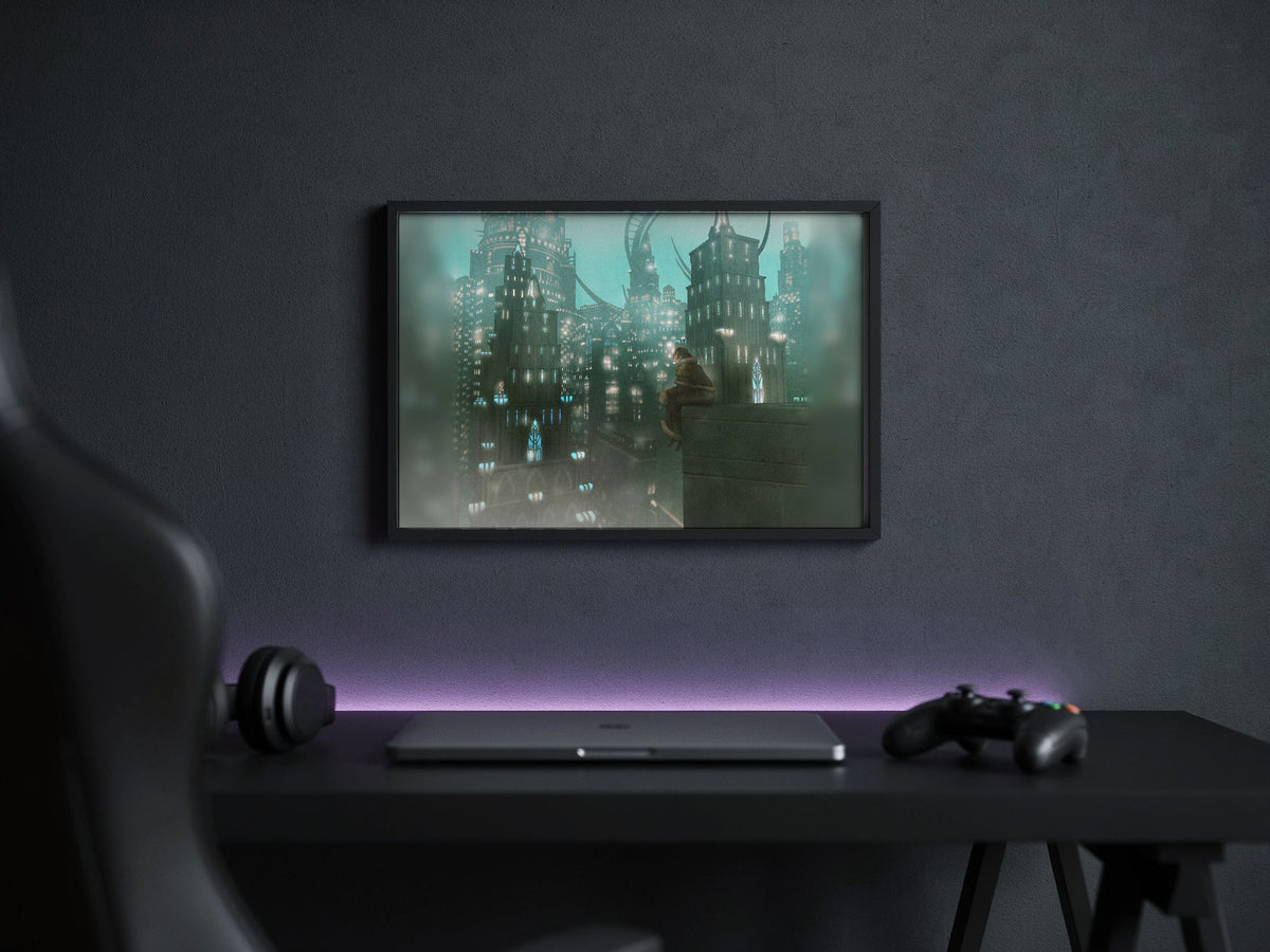 Final Fantasy XIV Shadowbringers Vinyl LP Art poster in a black frame above a gaming desk (horizontal)