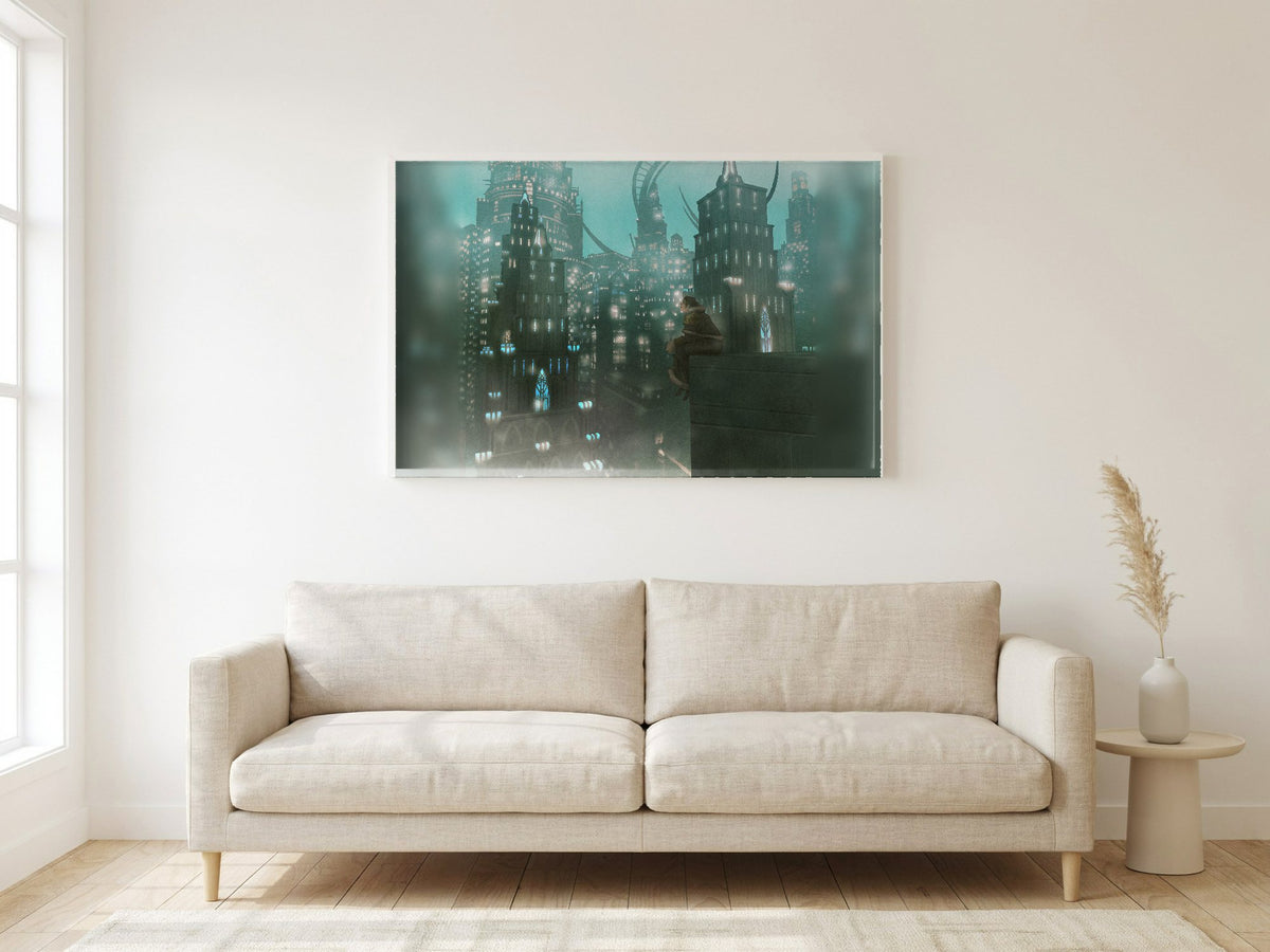Final Fantasy XIV Shadowbringers Vinyl LP Art poster in a white frame in a living room (horizontal)