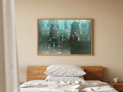 Final Fantasy XIV Shadowbringers Vinyl LP Art poster in a natural oak frame above a bed (horizontal)