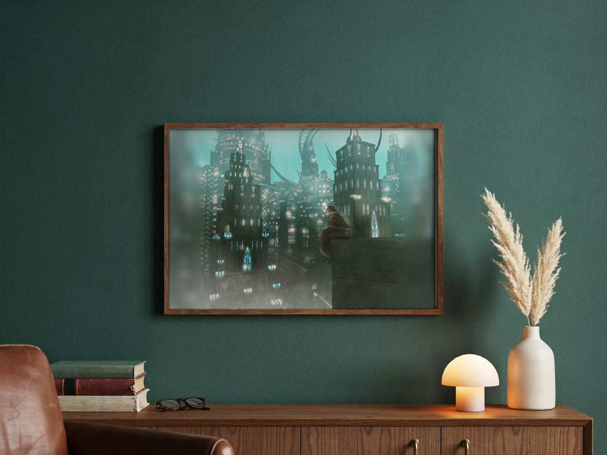 Final Fantasy XIV Shadowbringers Vinyl LP Art poster in a dark walnut frame in a green study (horizontal)