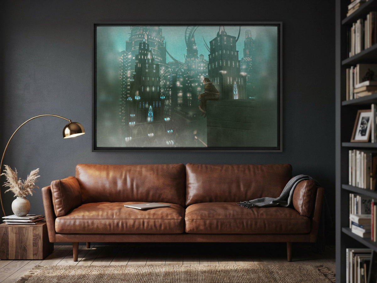Final Fantasy XIV Shadowbringers Vinyl LP Art as a black floater framed canvas in a media room (horizontal)