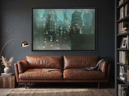 Final Fantasy XIV Shadowbringers Vinyl LP Art as a black floater framed canvas in a media room (horizontal)