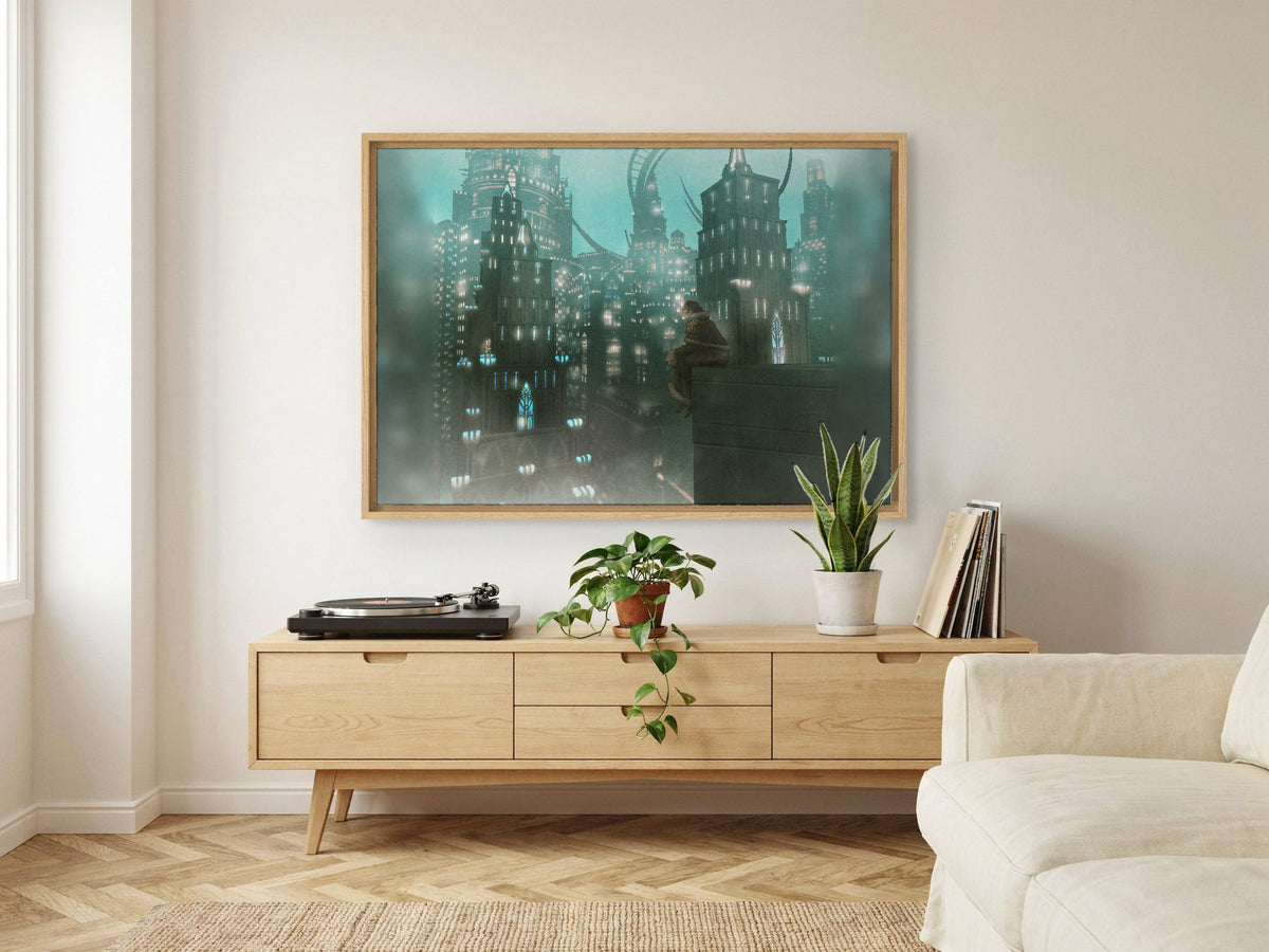 Final Fantasy XIV Shadowbringers Vinyl LP Art as an oak floater framed canvas in a Scandinavian lounge (horizontal)