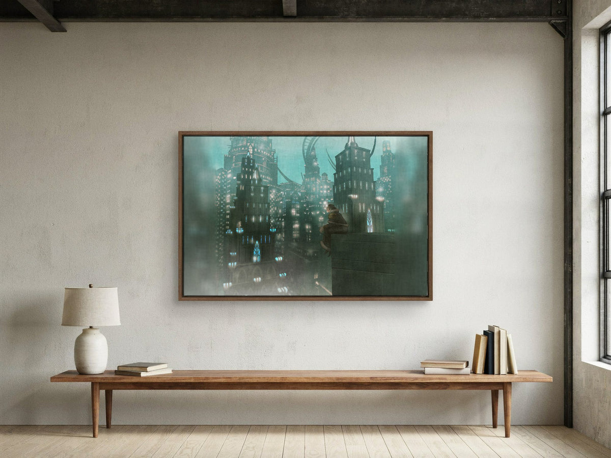 Final Fantasy XIV Shadowbringers Vinyl LP Art as a walnut floater framed canvas in a loft (horizontal)