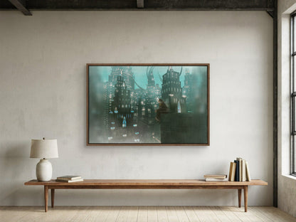 Final Fantasy XIV Shadowbringers Vinyl LP Art as a walnut floater framed canvas in a loft (horizontal)