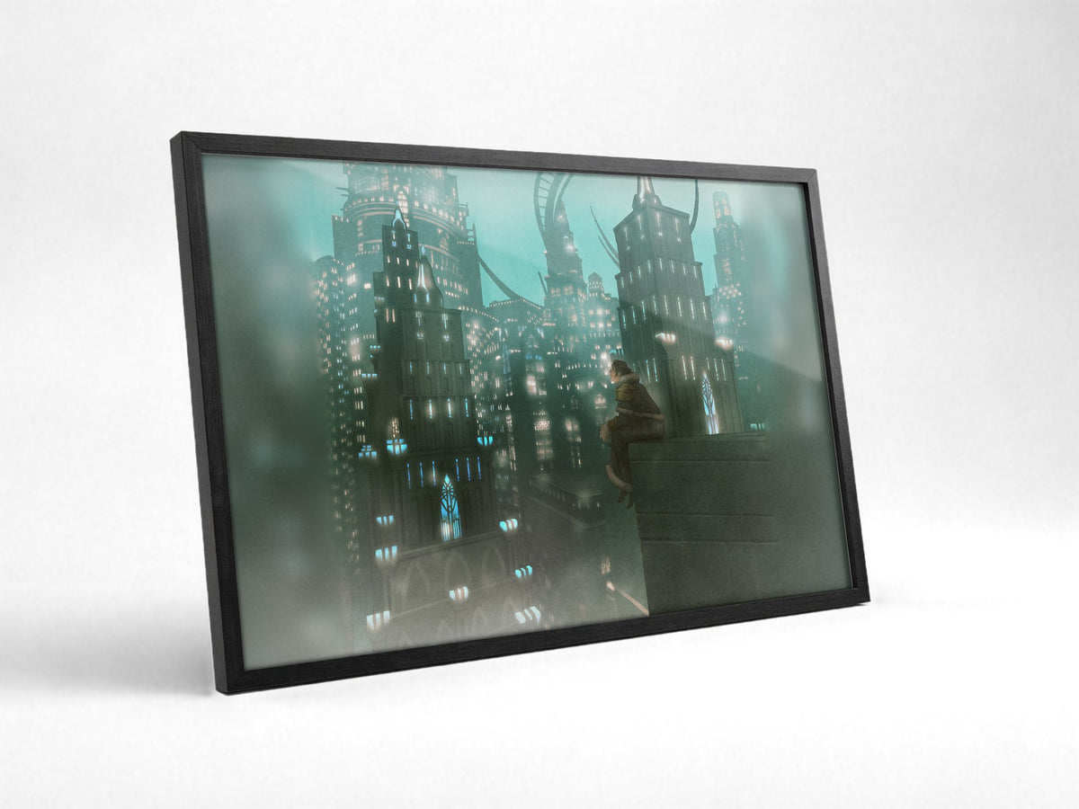 Final Fantasy XIV Shadowbringers Vinyl LP Art poster in a black frame with glass leaning against a wall (horizontal)