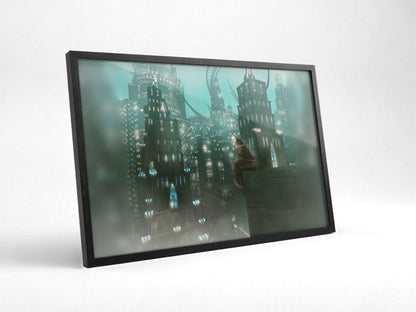Final Fantasy XIV Shadowbringers Vinyl LP Art poster in a black frame with glass leaning against a wall (horizontal)