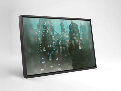 Final Fantasy XIV Shadowbringers Vinyl LP Art as a black floater framed canvas leaning against a wall (horizontal)