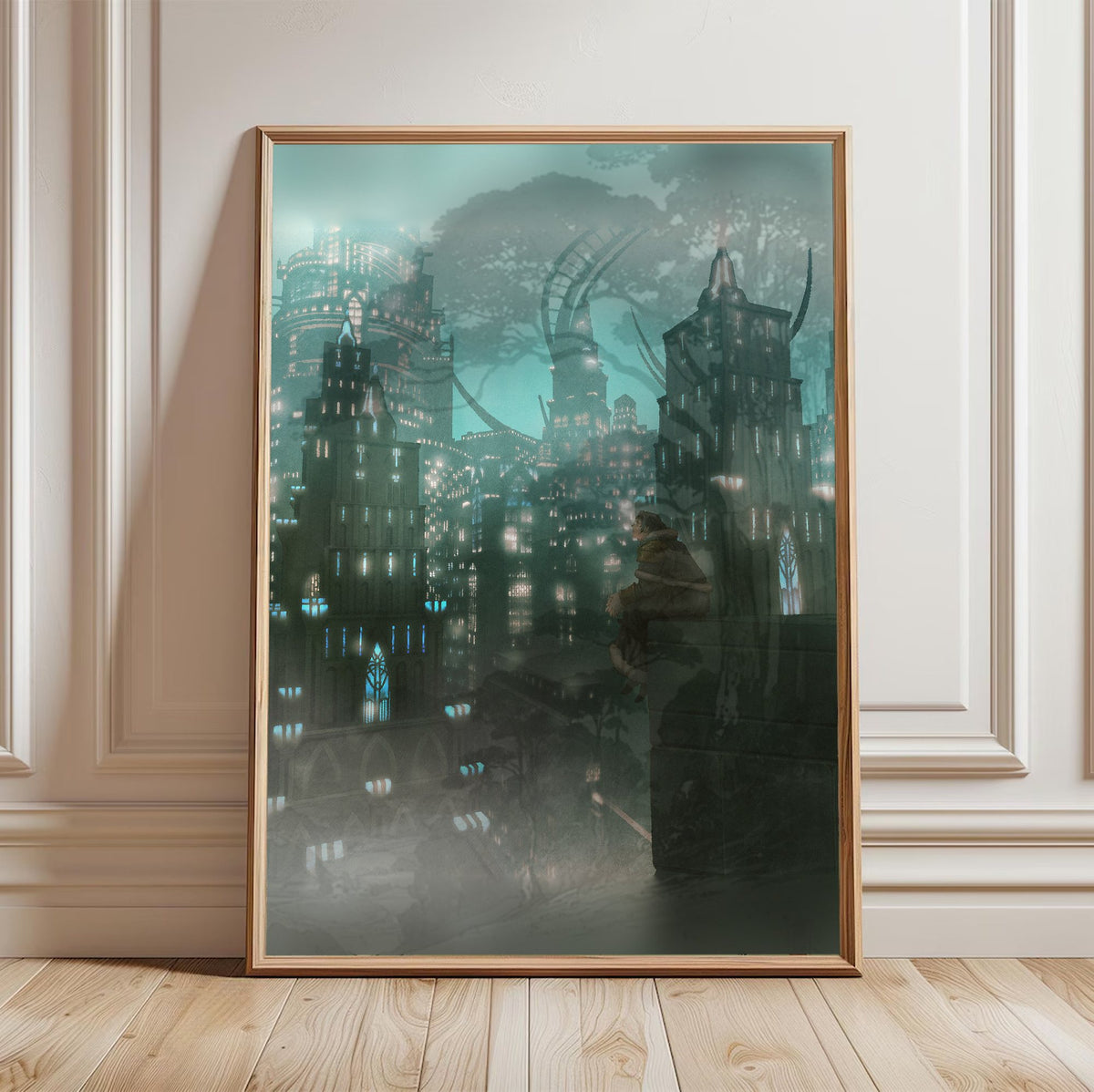 Final Fantasy XIV Shadowbringers Vinyl LP Art poster in a light oak frame leaning against a white wall (vertical)