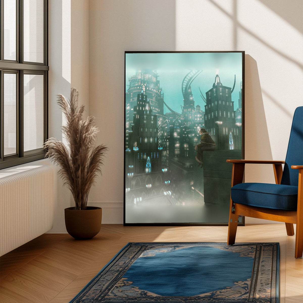 Final Fantasy XIV Shadowbringers Vinyl LP Art poster framed beside a blue armchair in a sunlit room (vertical)