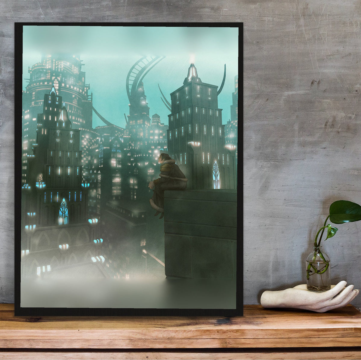 Final Fantasy XIV Shadowbringers Vinyl LP Art poster in a black frame on a wooden shelf against concrete (vertical)