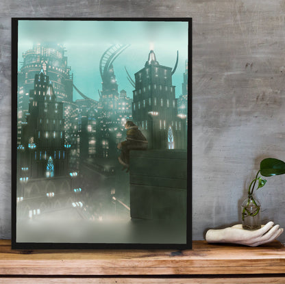 Final Fantasy XIV Shadowbringers Vinyl LP Art poster in a black frame on a wooden shelf against concrete (vertical)