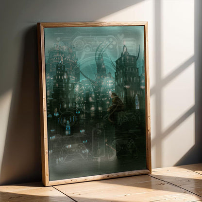 Final Fantasy XIV Shadowbringers Vinyl LP Art poster in an oak frame leaning on a wooden floor (vertical)