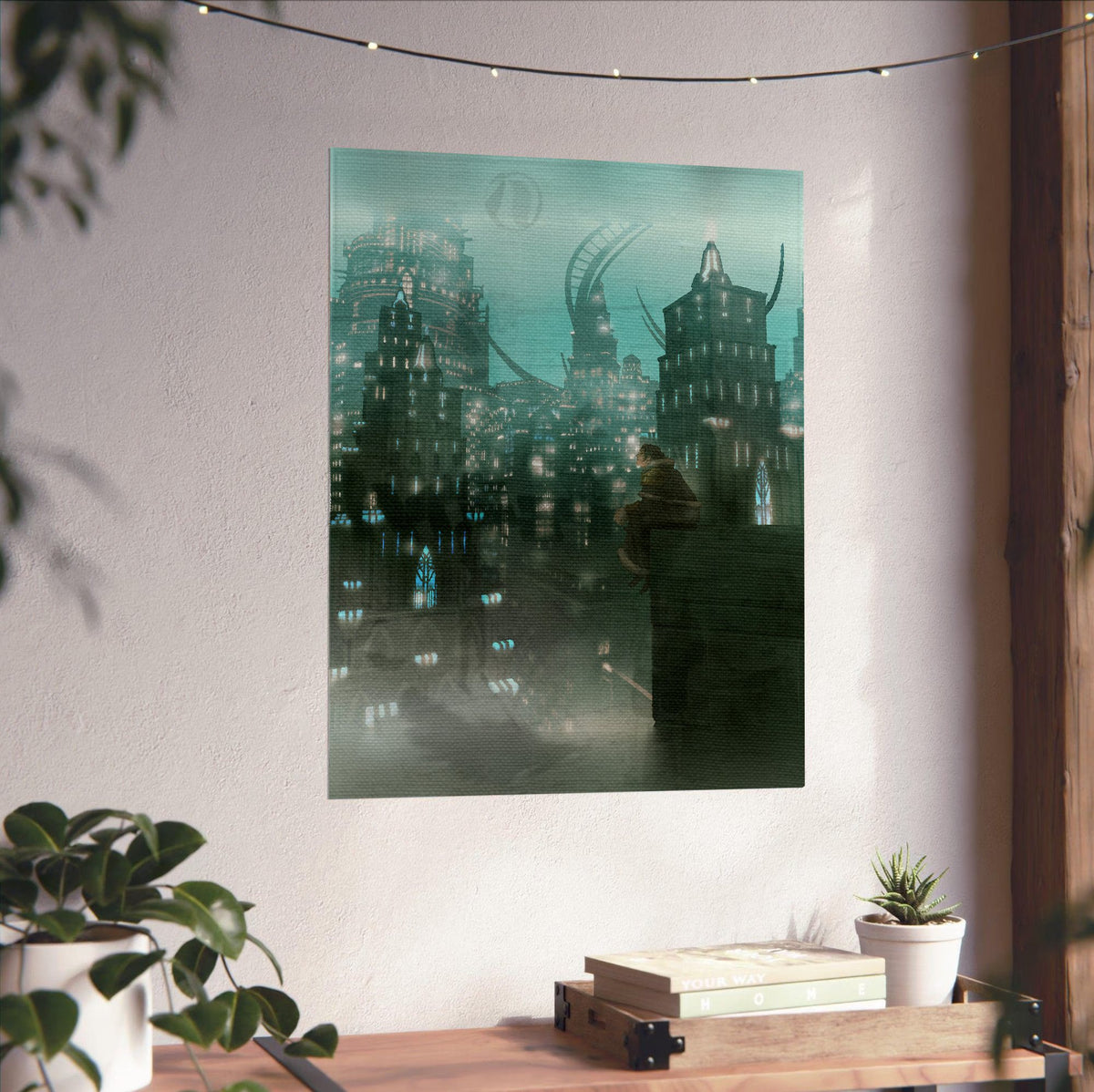 Final Fantasy XIV Shadowbringers Vinyl LP Art poster unframed on a white wall above a desk (vertical)