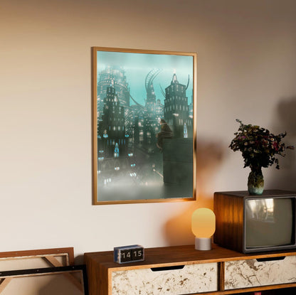 Final Fantasy XIV Shadowbringers Vinyl LP Art poster in an oak frame above a sideboard (vertical)