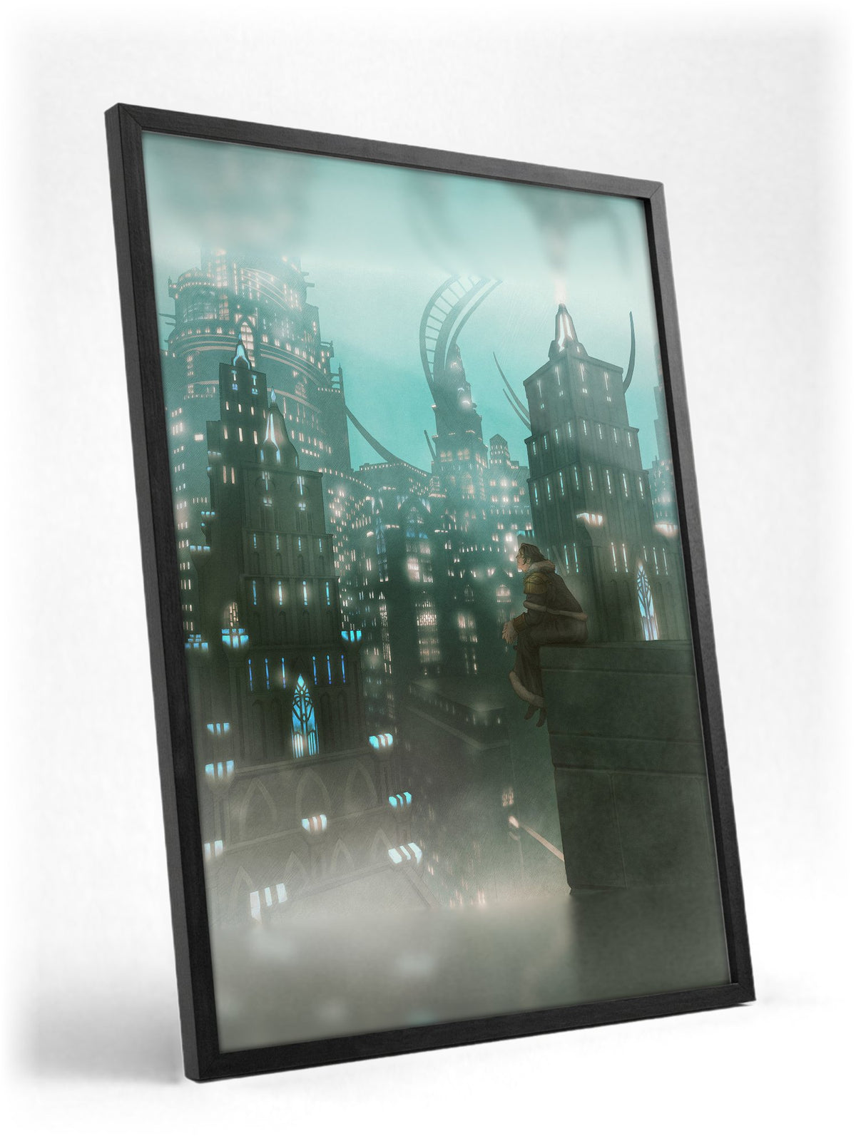 Final Fantasy XIV Shadowbringers Vinyl LP Art poster in a black frame with glass leaning against a wall (vertical)