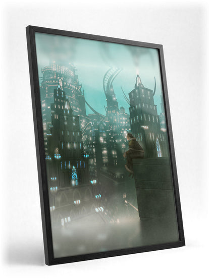 Final Fantasy XIV Shadowbringers Vinyl LP Art poster in a black frame with glass leaning against a wall (vertical)