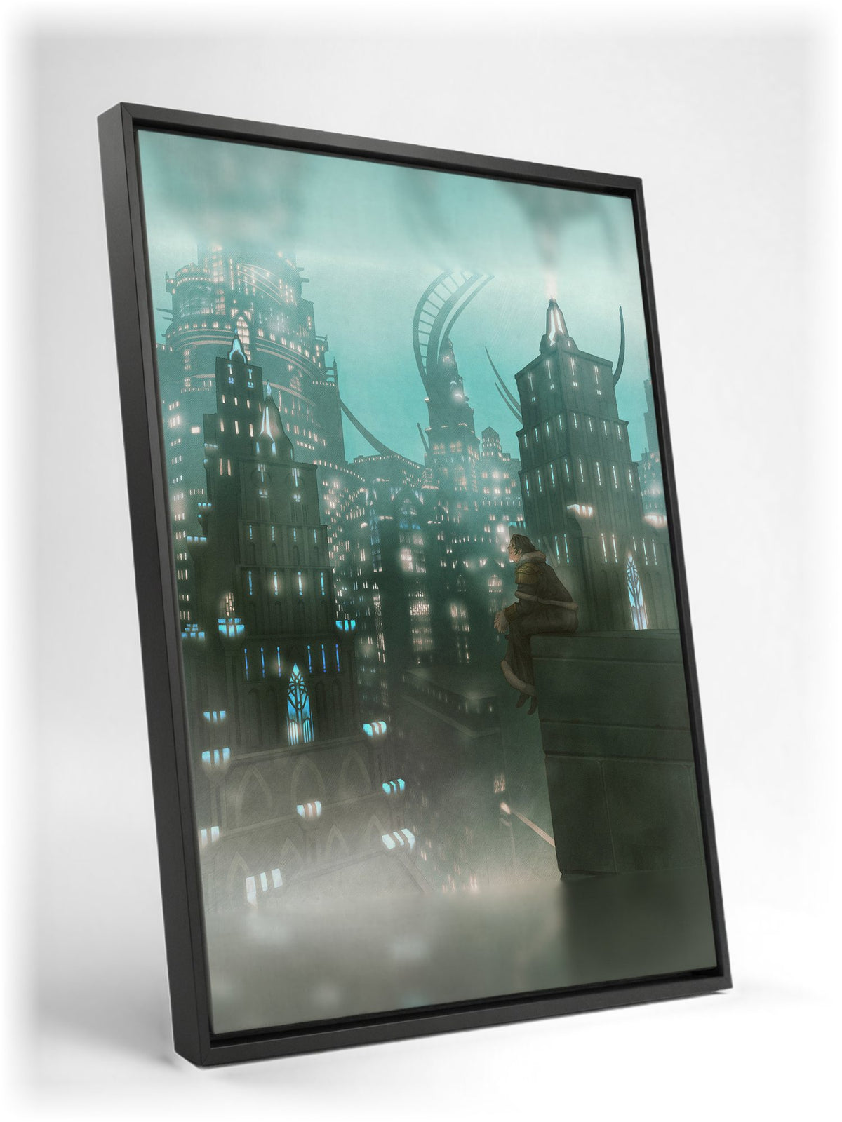 Final Fantasy XIV Shadowbringers Vinyl LP Art as a black floater framed canvas leaning against a wall (vertical)