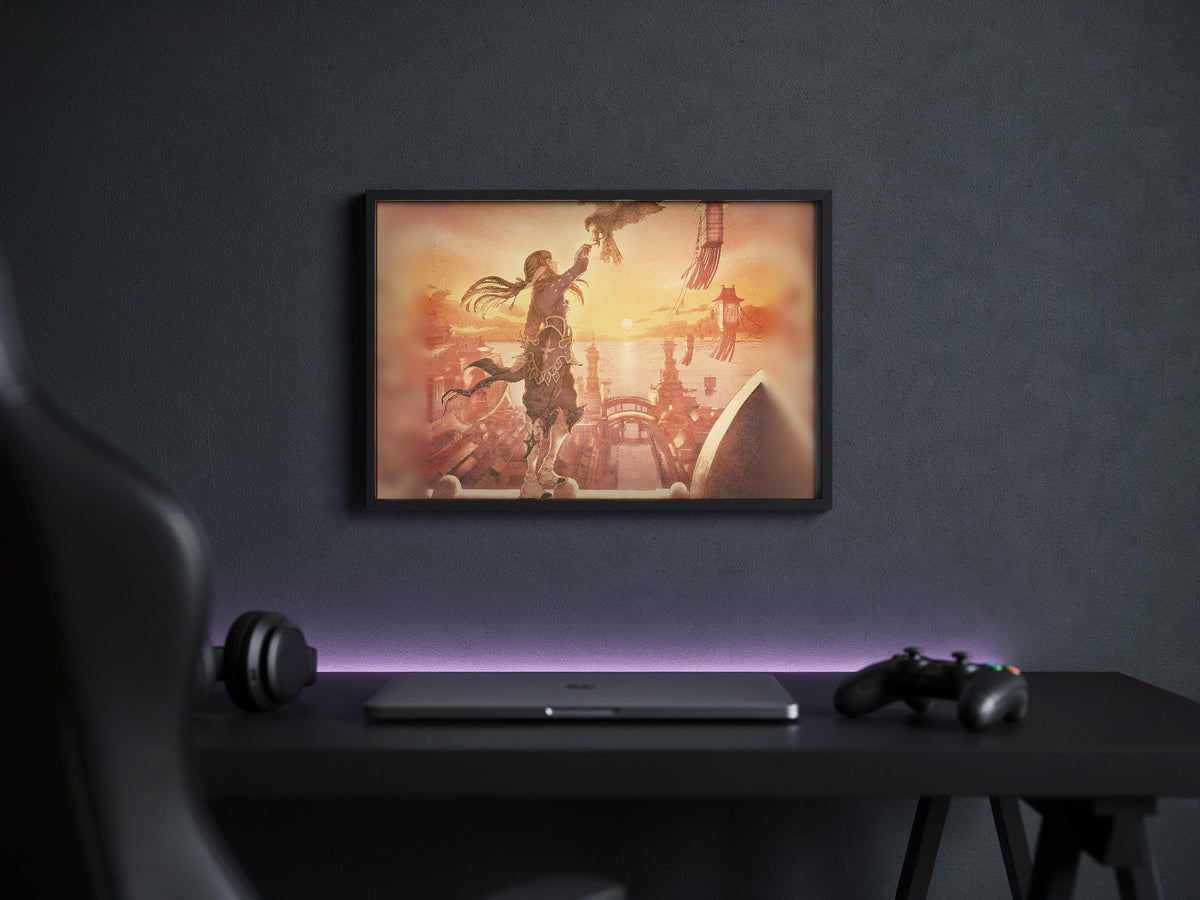 Final Fantasy XIV Stormblood Vinyl LP Art poster in a black frame above a gaming desk (horizontal)