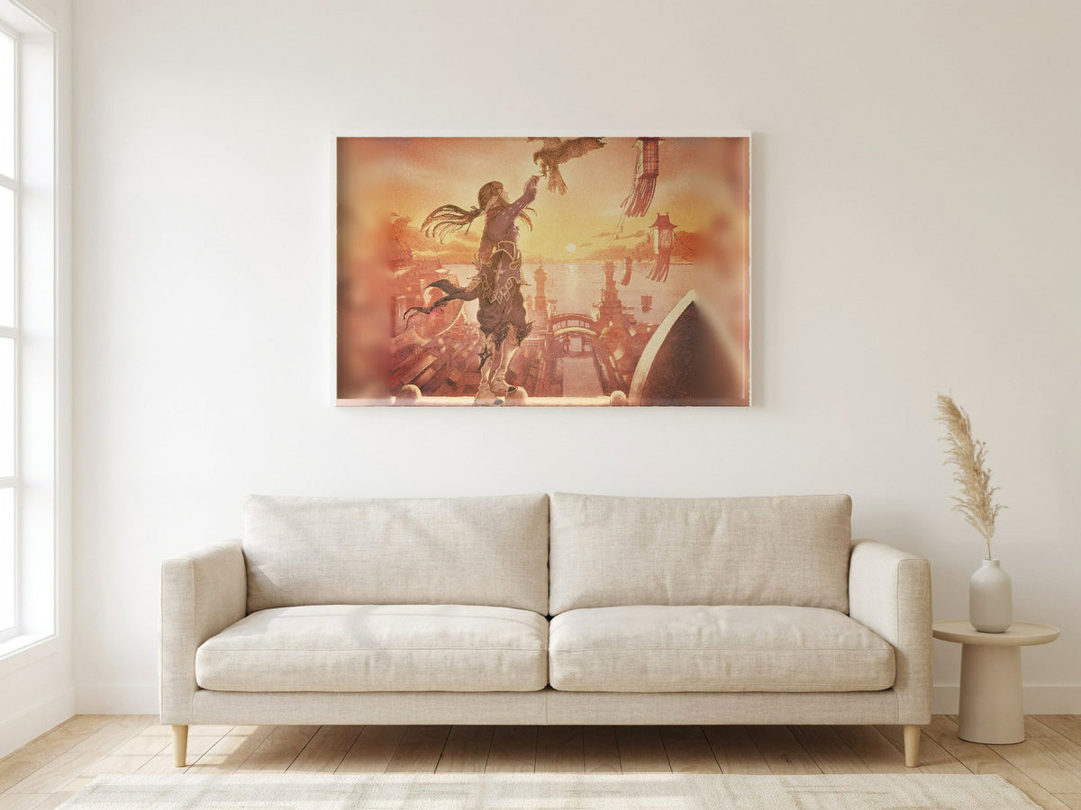 Final Fantasy XIV Stormblood Vinyl LP Art poster in a white frame in a living room (horizontal)