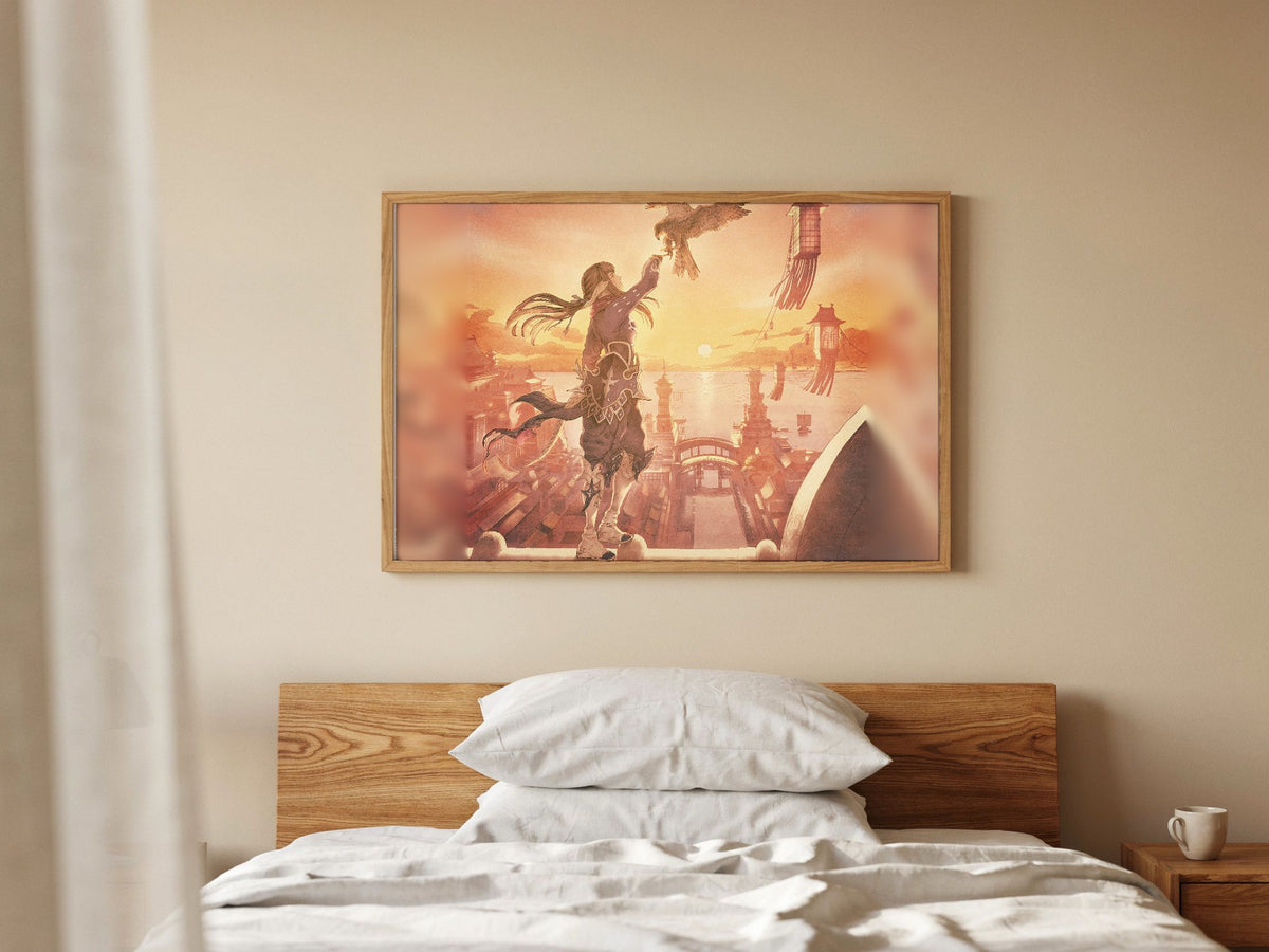 Final Fantasy XIV Stormblood Vinyl LP Art poster in a natural oak frame above a bed (horizontal)