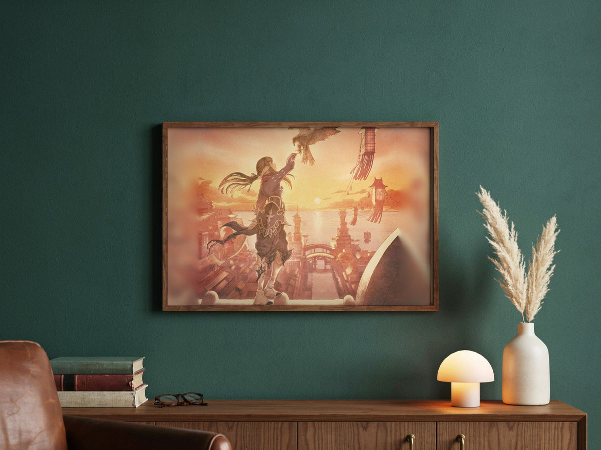Final Fantasy XIV Stormblood Vinyl LP Art poster in a dark walnut frame in a green study (horizontal)