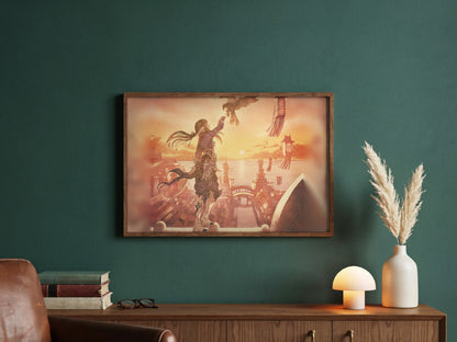 Final Fantasy XIV Stormblood Vinyl LP Art poster in a dark walnut frame in a green study (horizontal)