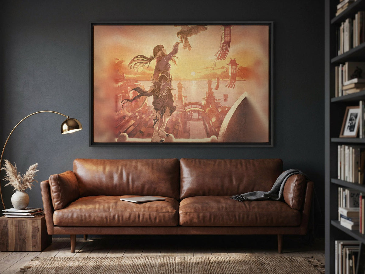 Final Fantasy XIV Stormblood Vinyl LP Art as a black floater framed canvas in a media room (horizontal)