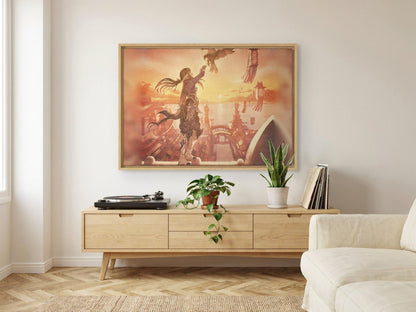 Final Fantasy XIV Stormblood Vinyl LP Art as an oak floater framed canvas in a Scandinavian lounge (horizontal)