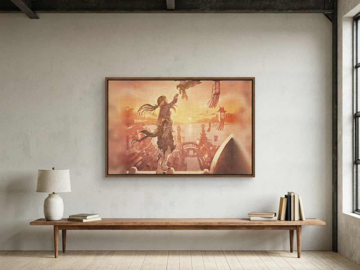 Final Fantasy XIV Stormblood Vinyl LP Art as a walnut floater framed canvas in a loft (horizontal)