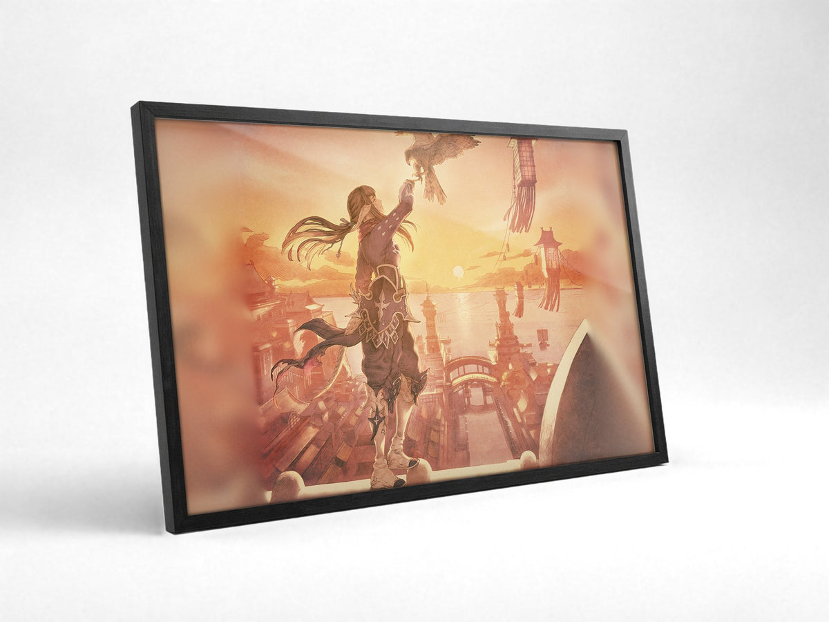 Final Fantasy XIV Stormblood Vinyl LP Art poster in a black frame with glass leaning against a wall (horizontal)