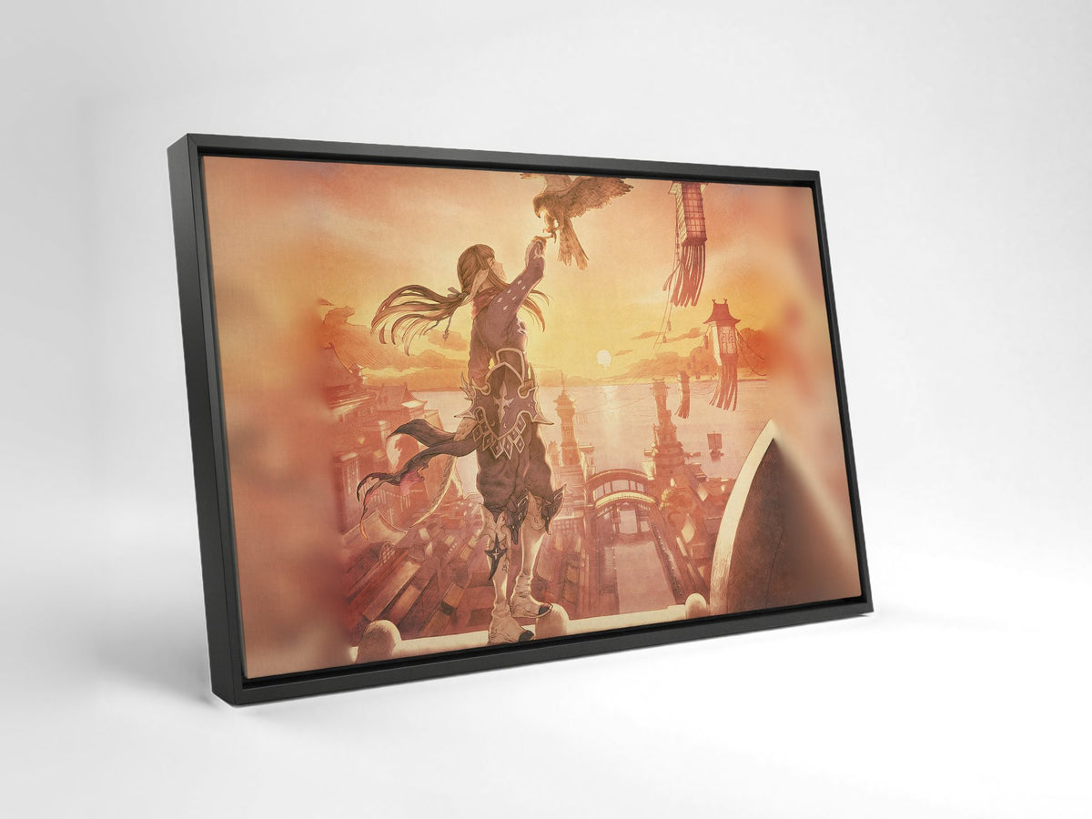 Final Fantasy XIV Stormblood Vinyl LP Art as a black floater framed canvas leaning against a wall (horizontal)