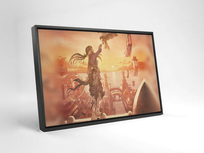 Final Fantasy XIV Stormblood Vinyl LP Art as a black floater framed canvas leaning against a wall (horizontal)