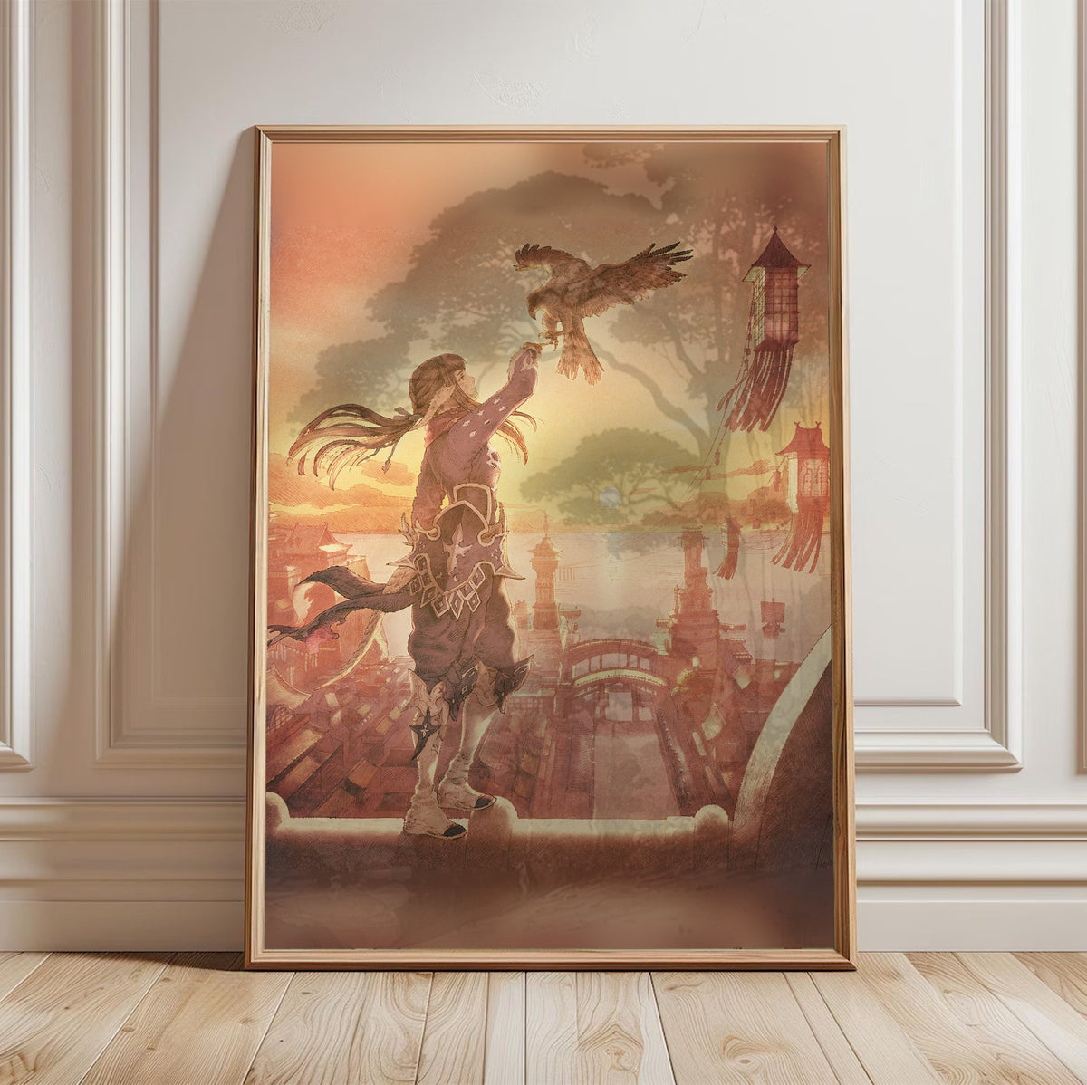 Final Fantasy XIV Stormblood Vinyl LP Art poster in a light oak frame leaning against a white wall (vertical)