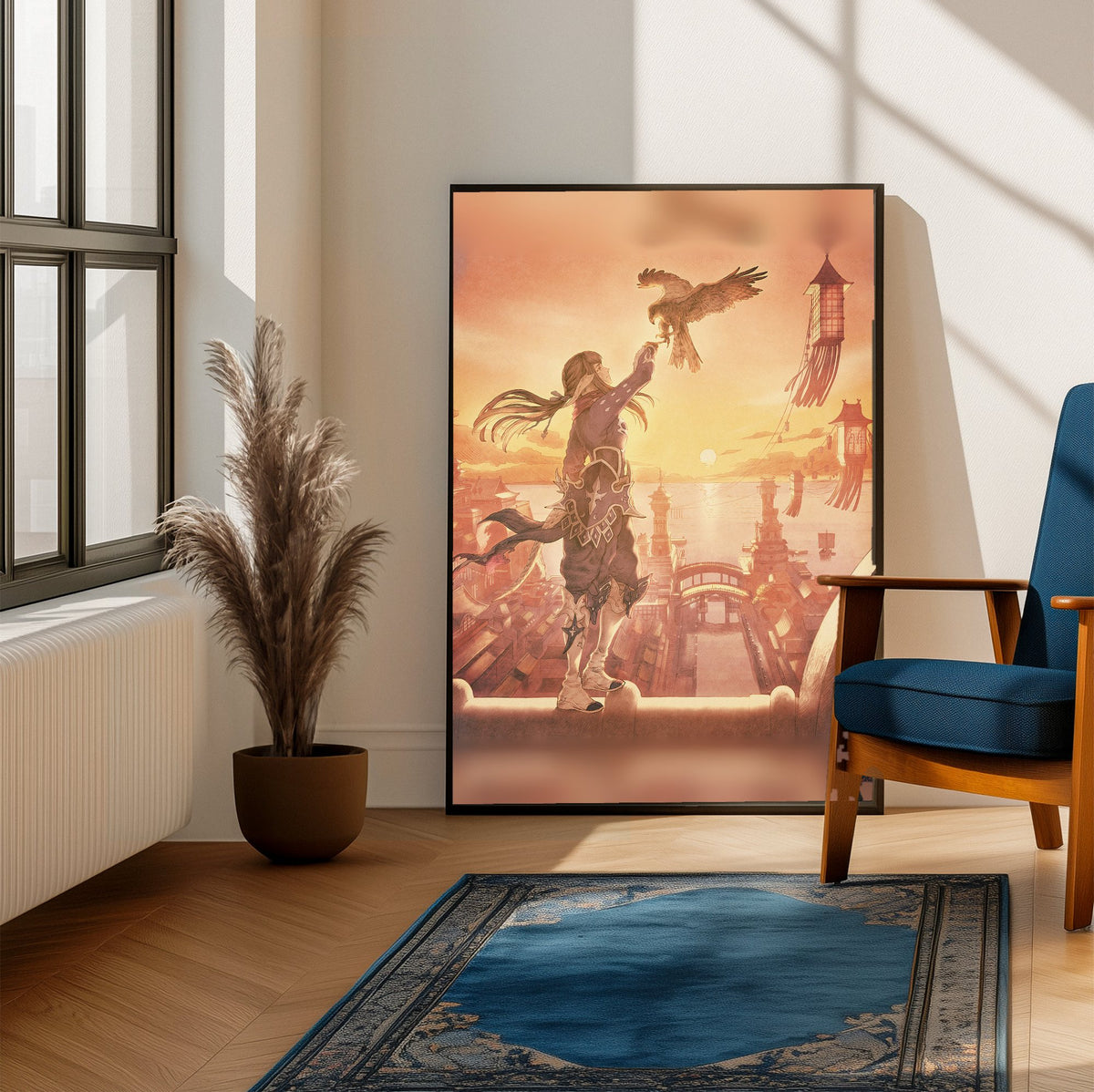 Final Fantasy XIV Stormblood Vinyl LP Art poster framed beside a blue armchair in a sunlit room (vertical)