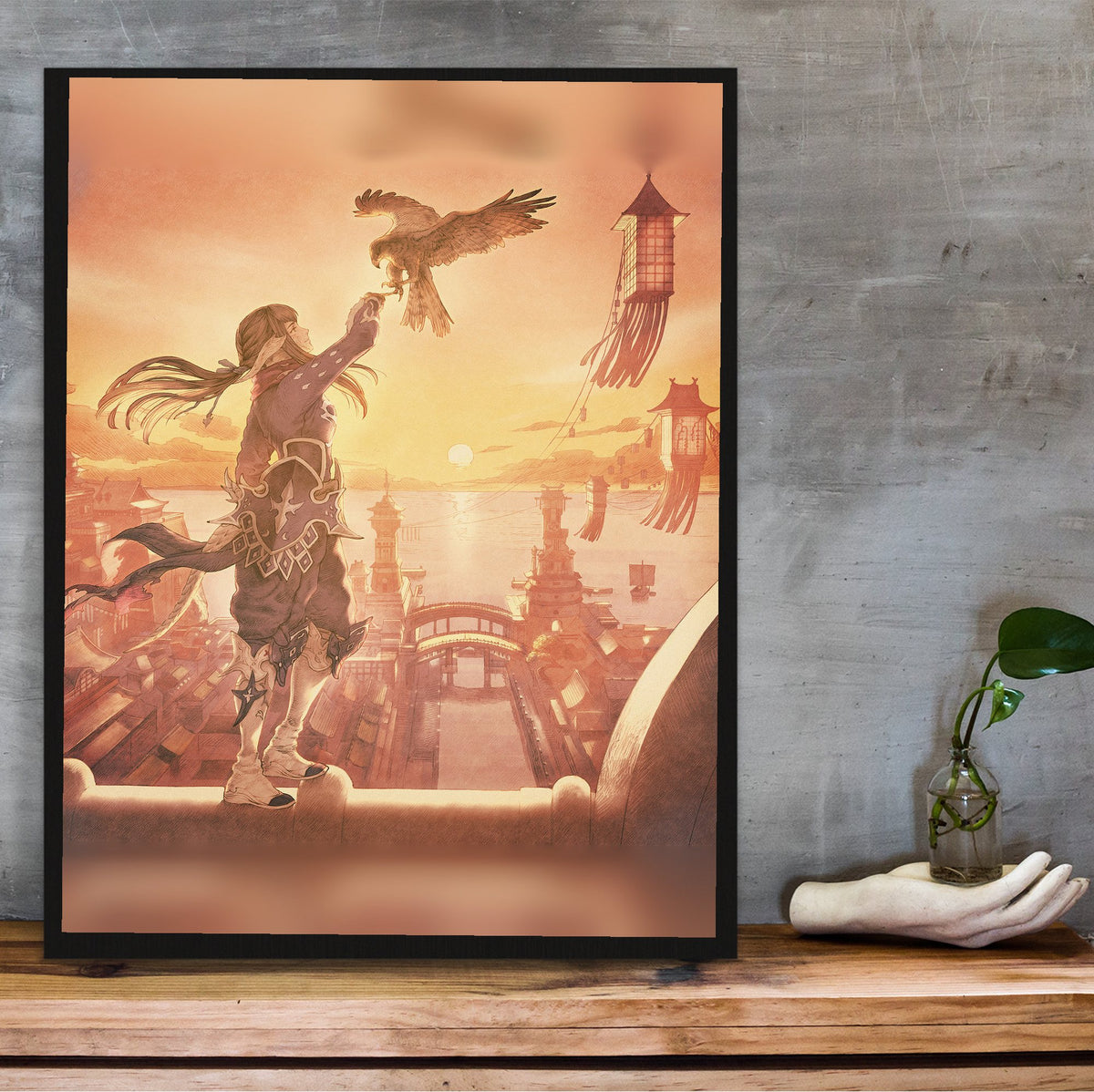 Final Fantasy XIV Stormblood Vinyl LP Art poster in a black frame on a wooden shelf against concrete (vertical)