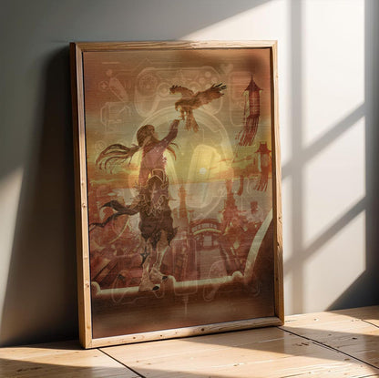 Final Fantasy XIV Stormblood Vinyl LP Art poster in an oak frame leaning on a wooden floor (vertical)