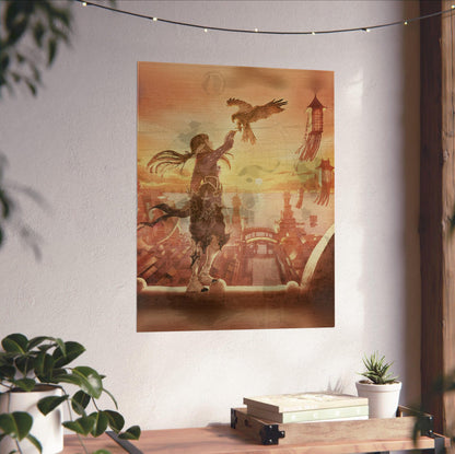 Final Fantasy XIV Stormblood Vinyl LP Art poster unframed on a white wall above a desk (vertical)