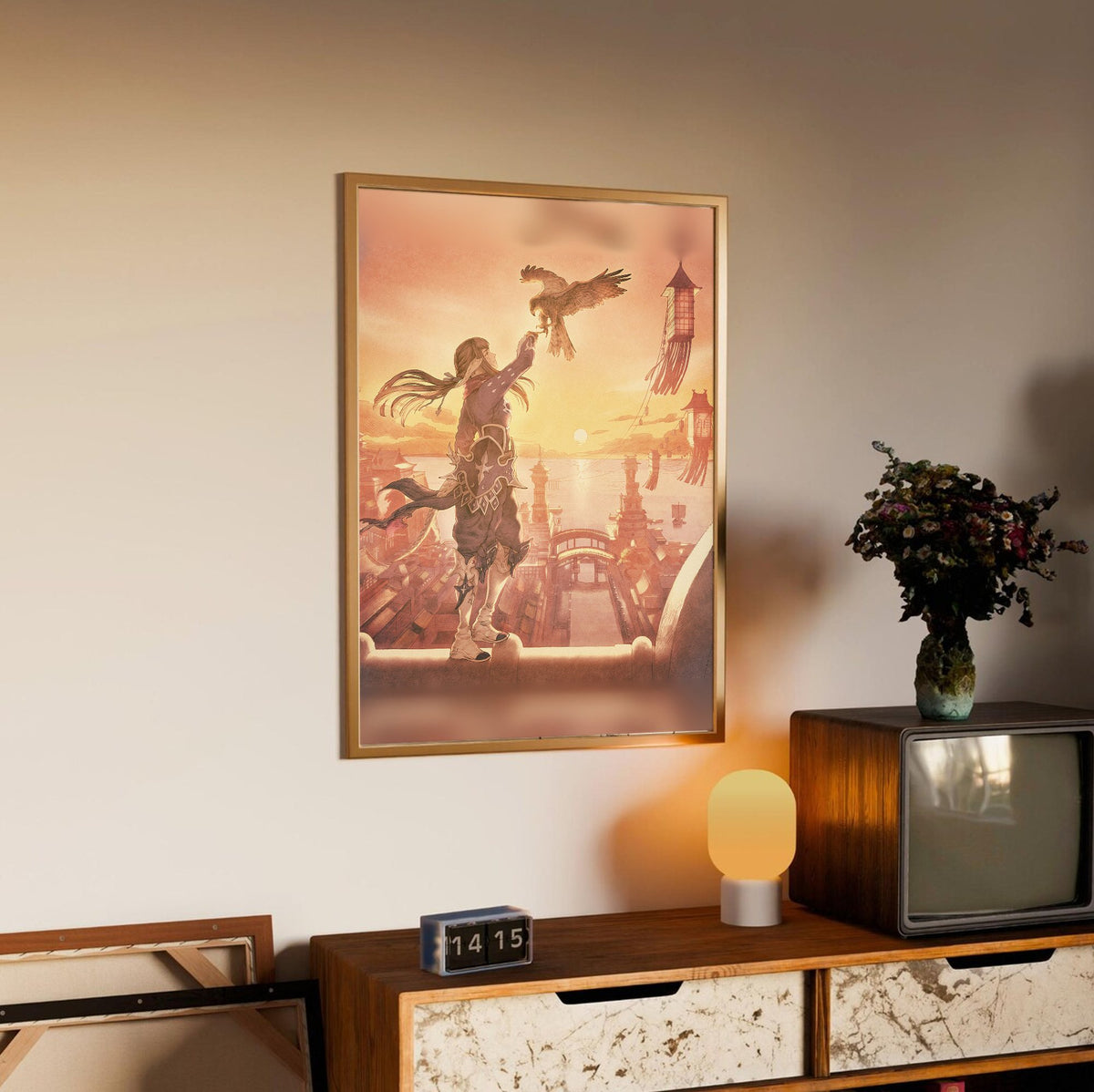 Final Fantasy XIV Stormblood Vinyl LP Art poster in an oak frame above a sideboard (vertical)