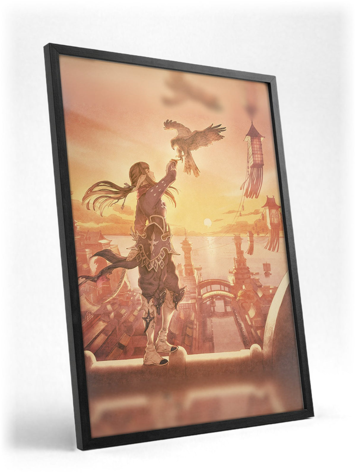 Final Fantasy XIV Stormblood Vinyl LP Art poster in a black frame with glass leaning against a wall (vertical)